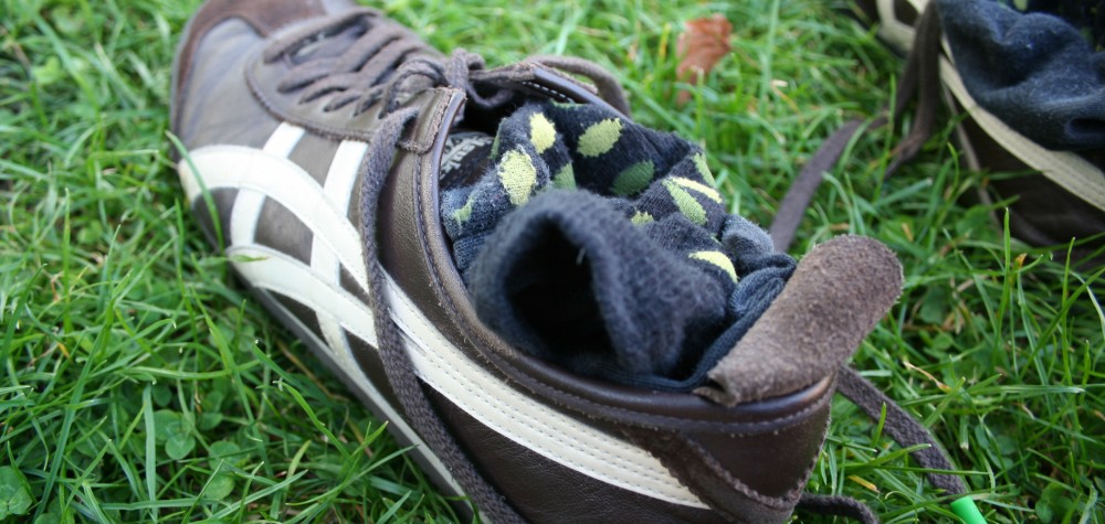 grass, a shoe and a sock